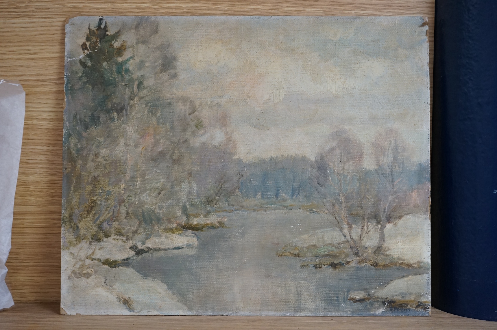 Eric Thornton Prehn (1894–1985), oil on board, A Russian landscape in winter, signed, Edinburgh Gallery label verso, 29 x 34cm, unframed. Condition - poor to fair
